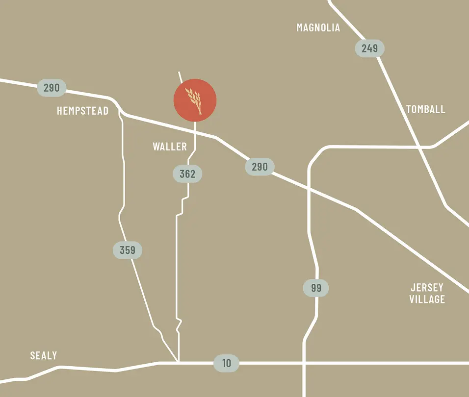 Simple map showing Waller, Texas, Wildrye new homes, major highways, and wheat symbol above Waller.